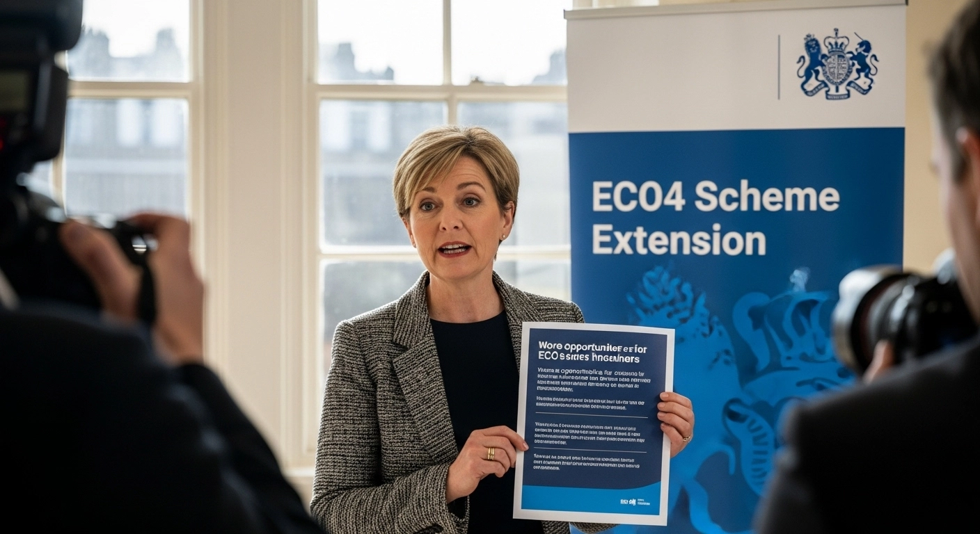 UK Government ECO4 scheme extension announcement 2025-2026 - Official government building with energy efficiency symbols and £4 billion funding graphics