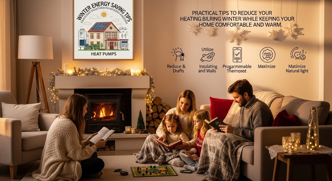 Cozy UK winter home interior with modern thermostat, insulated windows, and energy-efficient heating radiators - smart home energy saving tips visualization